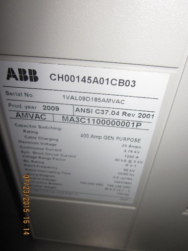 1200 Amp, ABB, AMVAC, 4160 V., 2009, ELECTRICALLY OPERATED, UNUSED:1