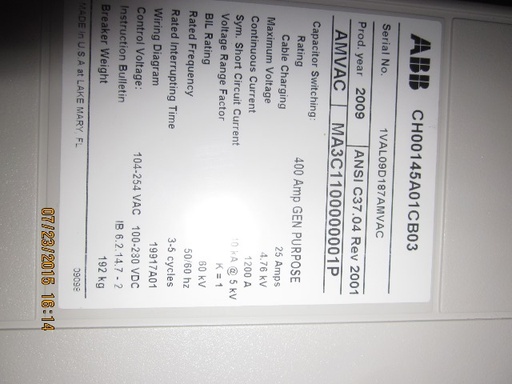 1200 Amp, ABB, AMVAC, 4160 V., 2009, ELECTRICALLY OPERATED, UNUSED:1