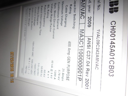 1200 Amp, ABB, AMVAC, 4160 V., 2009, ELECTRICALLY OPERATED, UNUSED:1