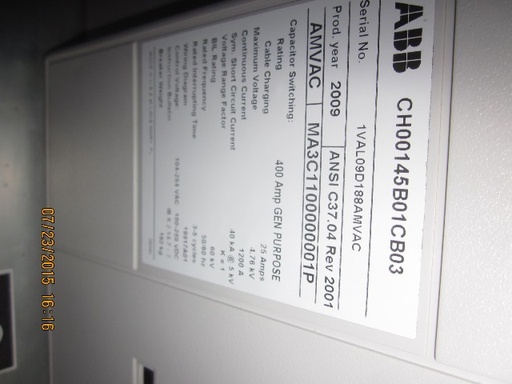 1200 Amp, ABB, AMVAC, 4160 V., 2009, ELECTRICALLY OPERATED, UNUSED:1