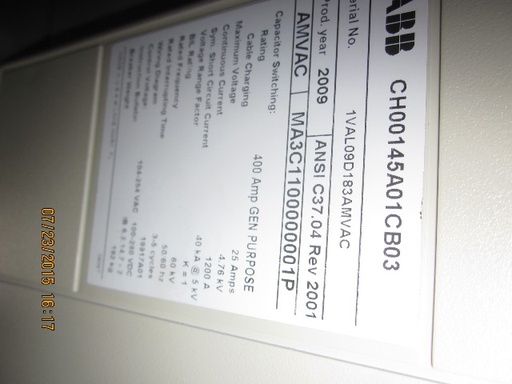 1200 Amp, ABB, AMVAC, 4160 V., 2009, ELECTRICALLY OPERATED, UNUSED:1