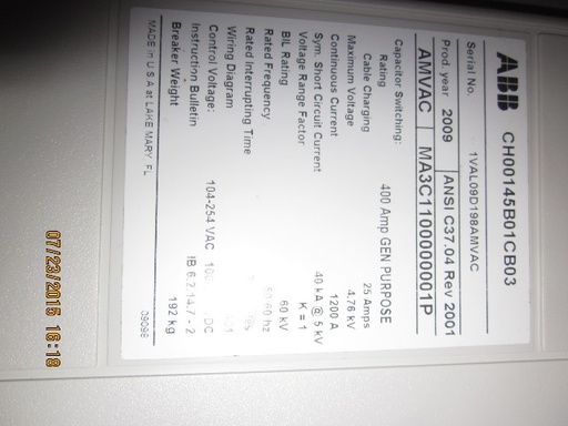 1200 Amp, ABB, AMVAC, 4760 V., 2009, ELECTRICALLY OPERATED, UNUSED:1