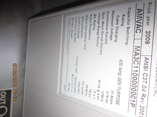 1200 Amp, ABB, AMVAC, 4760 V., 2009, ELECTRICALLY OPERATED, UNUSED:1
