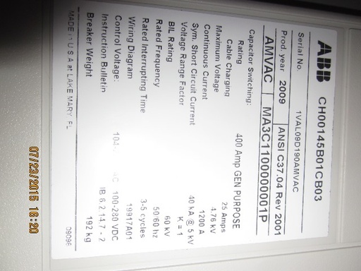 1200 Amp, ABB, AMVAC, 4160 V., 2009, ELECTRICALLY OPERATED, UNUSED:1