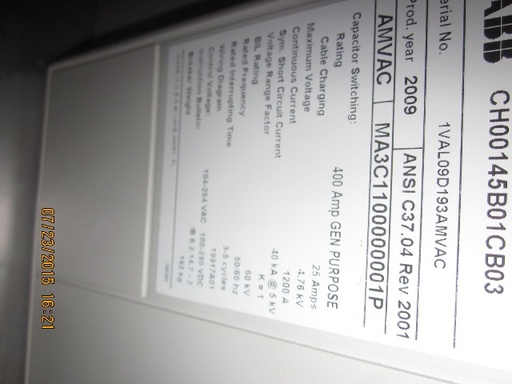1200 Amp, ABB, AMVAC, 4160 V., 2009, ELECTRICALLY OPERATED, UNUSED:1