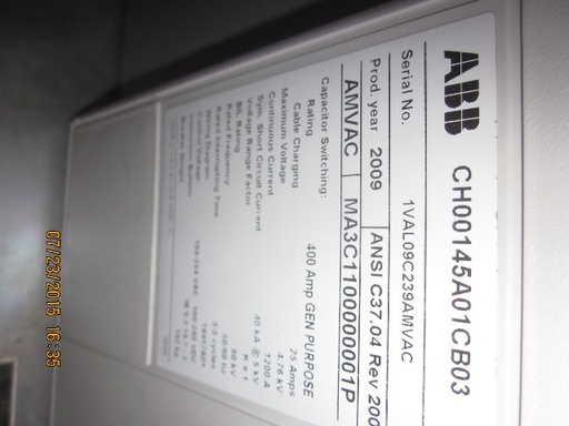 1200 Amp, ABB, AMVAC, 4160 V., 2009, ELECTRICALLY OPERATED, UNUSED:1