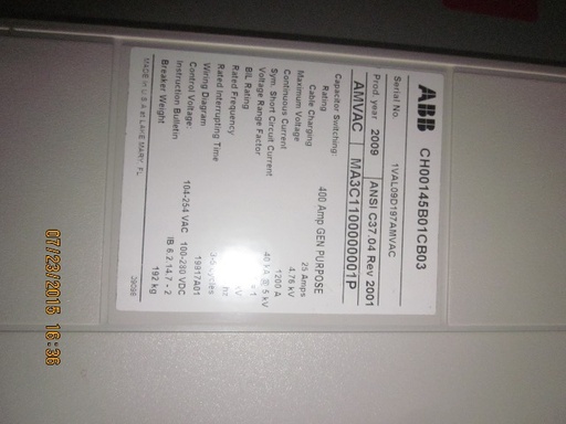 1200 Amp, ABB, AMVAC, 4160 V., 2009, ELECTRICALLY OPERATED, UNUSED:1