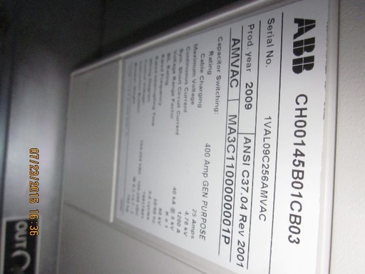 1200 Amp, ABB, AMVAC, 4160 V., 2009, ELECTRICALLY OPERATED, UNUSED:1