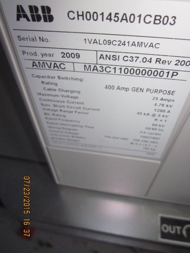 1200 Amp, ABB, AMVAC, 4160 V., 2009, ELECTRICALLY OPERATED, UNUSED:1