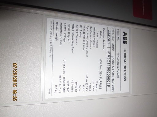 1200 Amp, ABB, AMVAC, 4160 V., 2009, ELECTRICALLY OPERATED, UNUSED:1