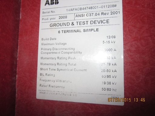3000 Amp, ABB, ADVAC, 15 KV, 2008, GROUND & TEST DEVICE, 6 TERMINAL SIMPLE:1