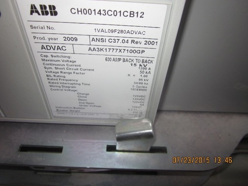 1200 Amp, ABB, ADVAC, 15 KV, 125 CLOSE & TRIP, UNUSED:1
