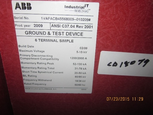 1200 Amp, ABB, ADVAC, 5000 V., 2009, 6 TERMINAL SIMPLE, GROUND & TEST DEVICE:1