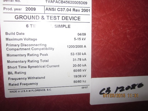 1200 Amp, ABB, ADVAC, 5000 V., 2009, 6 TERMINAL SIMPLE, GROUND & TEST DEVICE:1