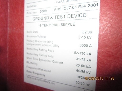 3000 Amp, ABB, ADVAC, 5000 V., 2009, 6 TERMINAL SIMPLE, GROUND & TEST DEVICE:1