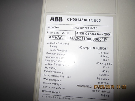 1200 Amp, ABB, AMVAC, 4160 V., 2009, 125 VDC CLOSE & TRIP, UNUSED:1