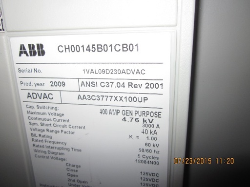 3000 Amp, ABB, ADVAC, 4160 V., 2009, 125 VDC CLOSE & TRIP, UNUSED:1