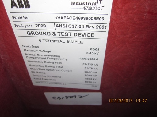 1200/2000 Amp, ABB, ADVAC, 5/15 KV, GROUND & TEST DEVICE, 6 TERMINAL SIMPLE