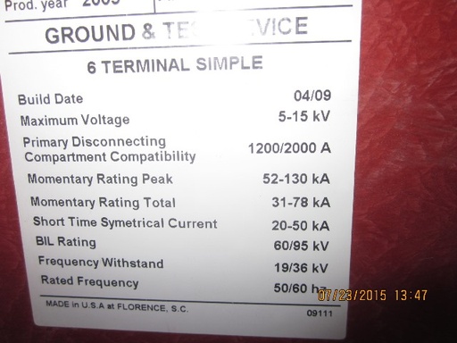 1200/2000 Amp, ABB, ADVAC, 5/15 KV, GROUND & TEST DEVICE, 6 TERMINAL SIMPLE