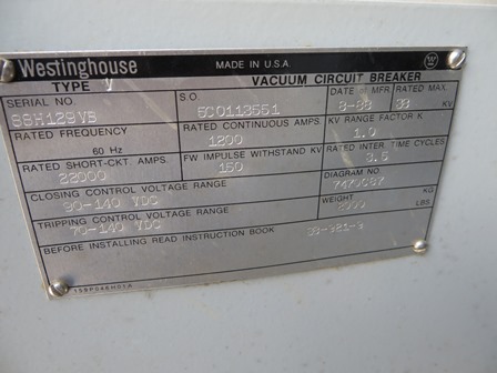 1200 Amp, WESTINGHOUSE, V, 38 KV, 1988, 125 VDC CONTROLS, VACUUM, SUBSTATION:1