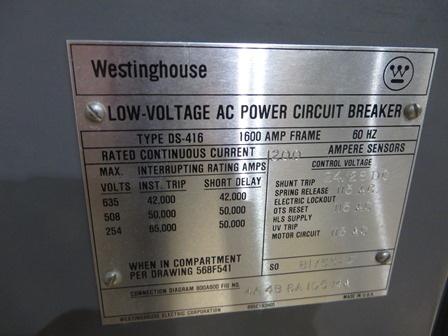 1600 Amp, WESTINGHOUSE, DS-416, 480 V., 115 VAC CONTROLS, DRAW-OUT, UNUSED:1