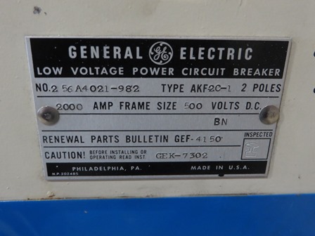 2000 Amp, GENERAL ELECTRIC, AKF-2C-1, 500 V., 125 VDC CLOSE & OPERATING, DRAW-OU