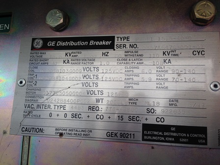 1200 Amp, GENERAL ELECTRIC, PVDB1-15.5-40-0, 15.5 KV, 125 VDC, ML-18 MECH
