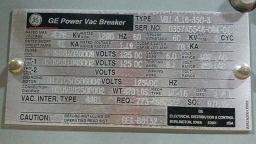 1200 Amp, GENERAL ELECTRIC, VB1-4.16-350-3, 4160 V., 1998, 125 VDC, ML-18 MECH:1