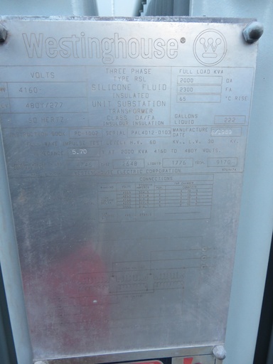 2000/2300 KVA, Pri 4160 D, Sec 480Y/277, WESTINGHOUSE, SILICONE, ALUMINUM