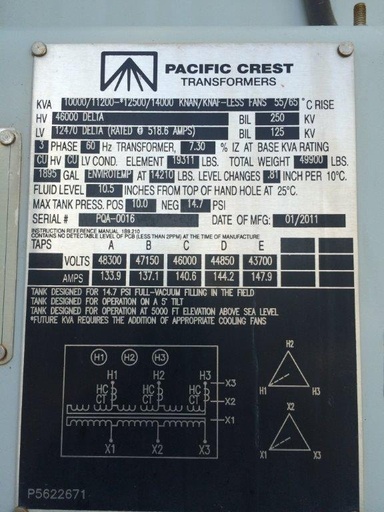 10000/14000 KVA, Pri 46000 D, Sec 12470 D, 2011, AREVA, ENVIROTEMP:1