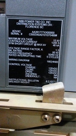 1200 Amp, ABB, ADVAC, 13.8 KV, 125 VDC CLOSE & TRIP, UNUSED:1