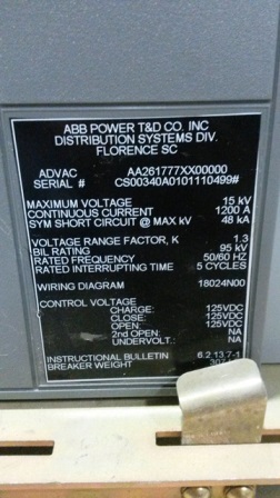 1200 Amp, ABB, ADVAC, 13.8 KV, 125 VDC CLOSE & TRIP, UNUSED:1