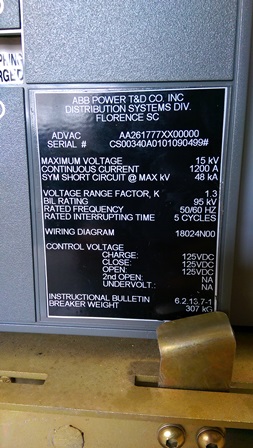 1200 Amp, ABB, ADVAC, 13.8 KV, 125 VDC CLOSE & TRIP, UNUSED:1