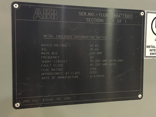 600 Amp, POWERCON, No. PIF, 15000 V., 2009, FUSED, INDOOR:1