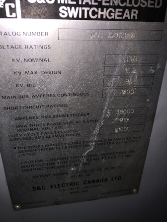 1200 Amp, S & C, No. CDT-1591294, 15500 V., GROUNDING SWITCH, INDOOR