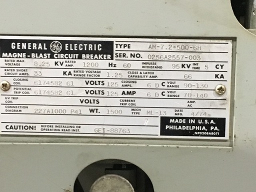 1200 Amp, GENERAL ELECTRIC, AM7.2-500-6H, 7.2 KV, 125 VDC CLOSE & TRIP