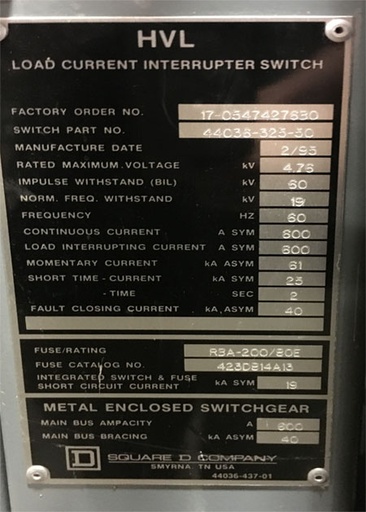 600 Amp, SQUARE D, No. HVL, 4760 V., 1995, INDOOR, FUSED:1