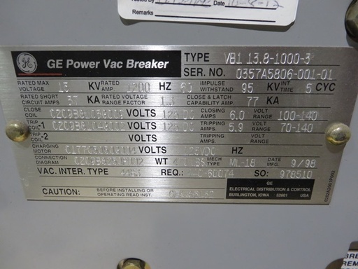 1200 Amp, GENERAL ELECTRIC, VB1-13.8-1000-3, 15 KV, 125 VDC, ELECTRIC OPER: