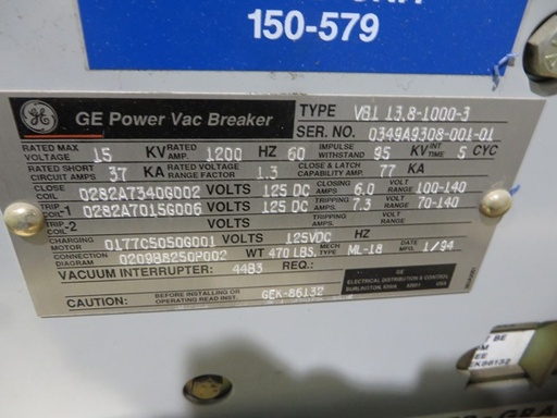 1200 Amp, GENRAL ELECTRIC, VB1-13.8-1000-3, 15 KV, ELECTRIC, 125VDC C&T: