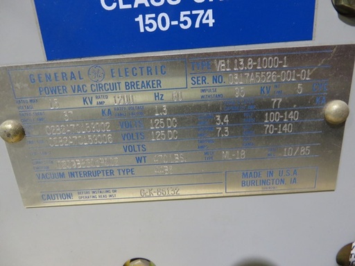 1200 Amp, GENRAL ELECTRIC, VB1-13.8-1000-1, 15 KV, ELECTRIC, 125VDC C&T: