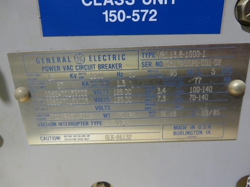 1200 Amp, GENRAL ELECTRIC, VB1-13.8-1000-1, 15 KV, ELECTRIC, 125VDC C&T: