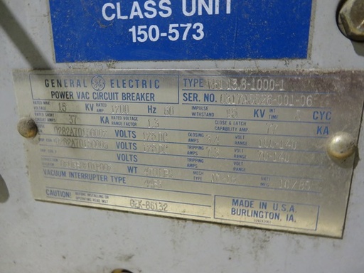 1200 Amp, GENRAL ELECTRIC, VB1-13.8-1000-1, 15 KV, ELECTRIC, 125VDC C&T: