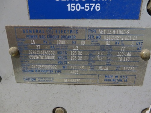 1200 Amp, GENRAL ELECTRIC, VB1-13.8-1000-2, 15 KV, ELECTRIC, 125VDC C&T:
