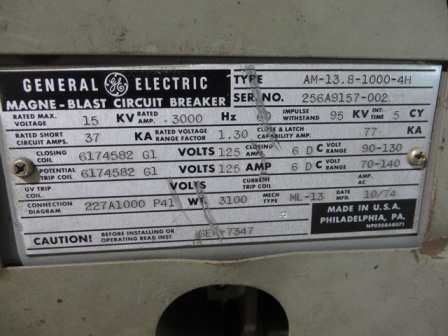 3000 Amp, GENERAL ELECTRIC, AM-13.8-1000-4H, 13.8 KV, ELECTRIC, SPRING CHRGD