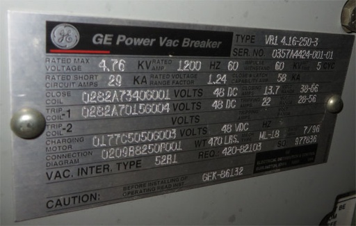1200 Amp, GENERAL ELECTRIC, VB1-4.16-250-3, 4160 V., EO/DO, 48 VDC MCT:
