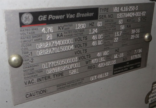 1200 Amp, GENERAL ELECTRIC, VB1-4.16-250-3, 4160 V., EO/DO, 48 VDC MCT: