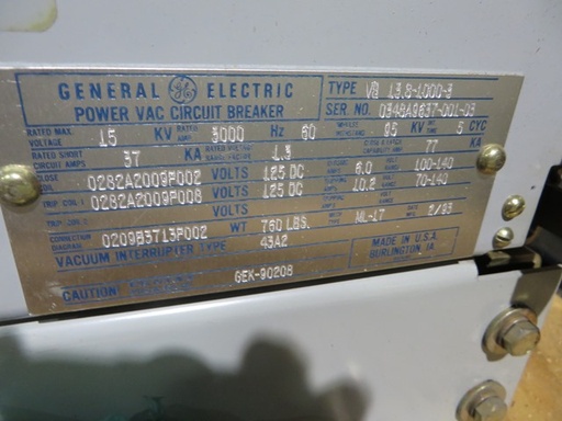 3000 Amp, GENERAL ELECTRIC, VB13.8-1000-3, 15 KV, ML-17 MECH, 125 VDC C&T;
