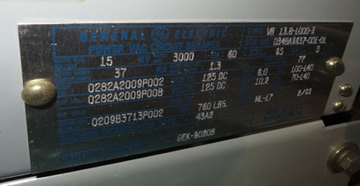 3000 Amp, GENERAL ELECTRIC, VB13.8-1000-3, 15 KV, ML-17 MECH, 125 VDC C&T;