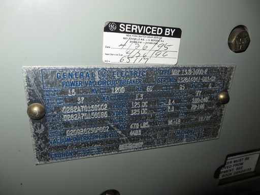 1200 Amp, GENERAL ELECTRIC, VB1-13.8-1000-2, 15 KV, 1987, 125 VDC C & T, UNUSED