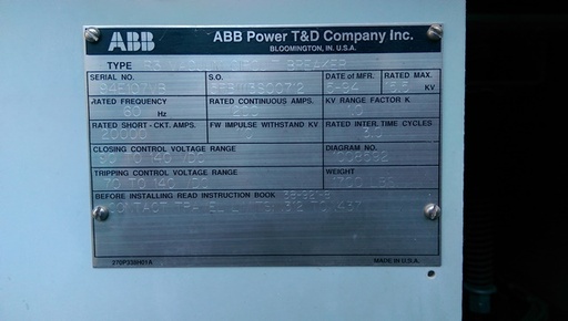 1200 Amp, ABB, R3, 15.5 KV, VACUUM, 125 VDC CLOSE & TRIP, 110 BIL: